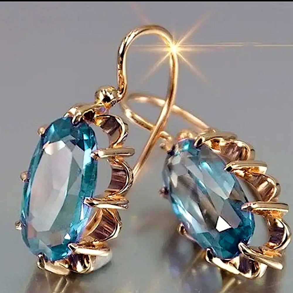 Gold Drop Earrings with Teal Blue Oval Gemstones